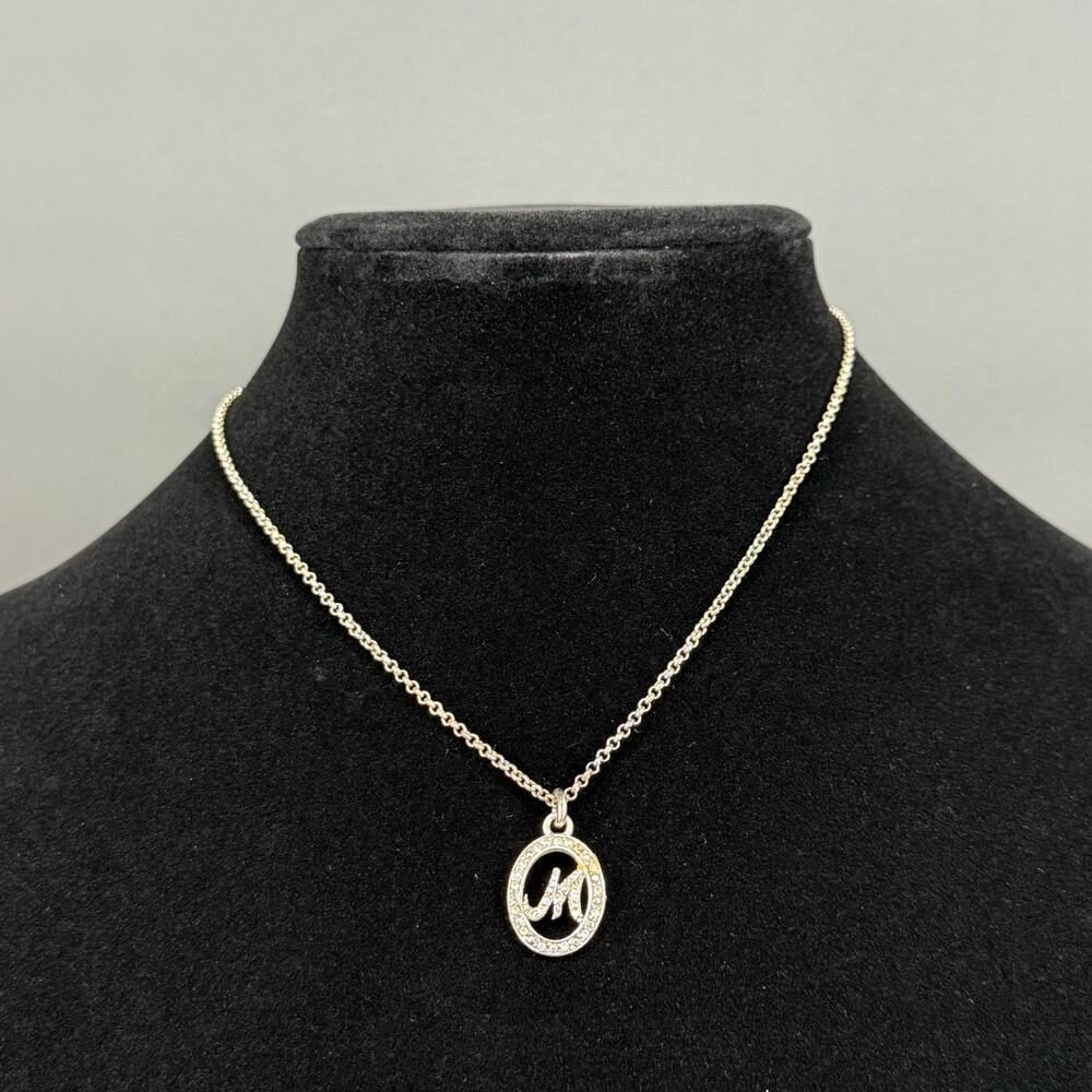 Dainty Silver Tone CZ Round Alphabet Letter M Monogram Medallion Necklace